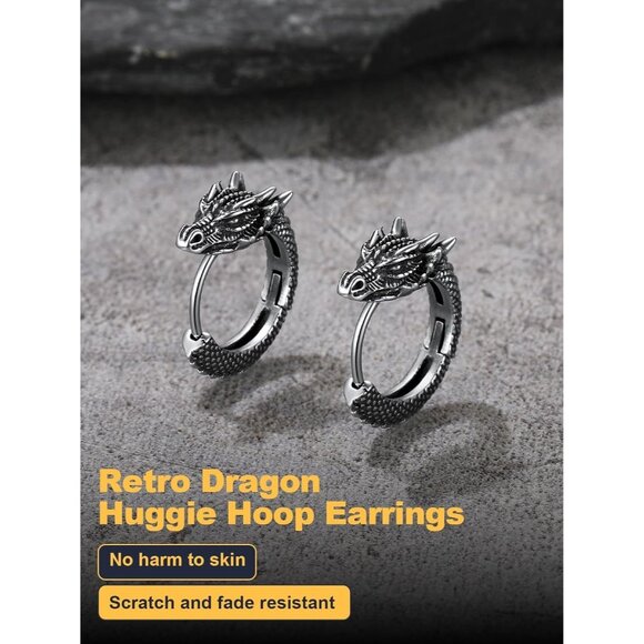 🆕 Men Black Stud Huggie Earrings Punk Rock Sterling Stainless Steel Dinosaur - Picture 4 of 7